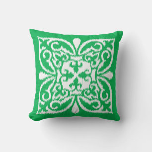 Ikat damask pattern - jade green and white cushion