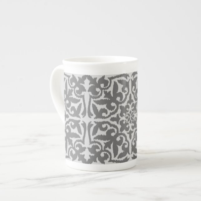 Ikat damask pattern - Light and Medium Grey Bone China Mug (Front Left)