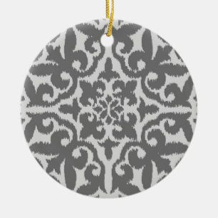 Ikat damask pattern - Light and Medium Grey Ceramic Ornament