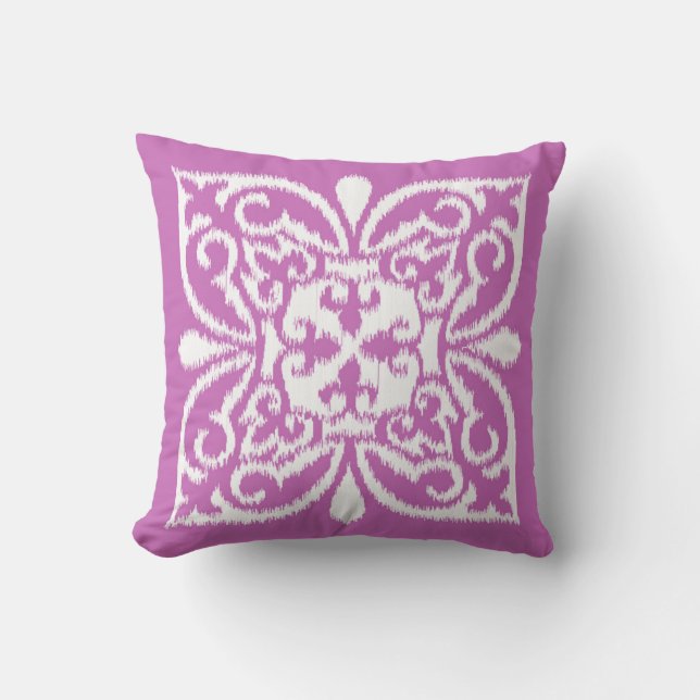Ikat damask pattern - orchid and white cushion (Front)