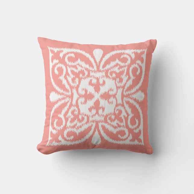 Ikat damask pattern - peach pink and white cushion (Front)