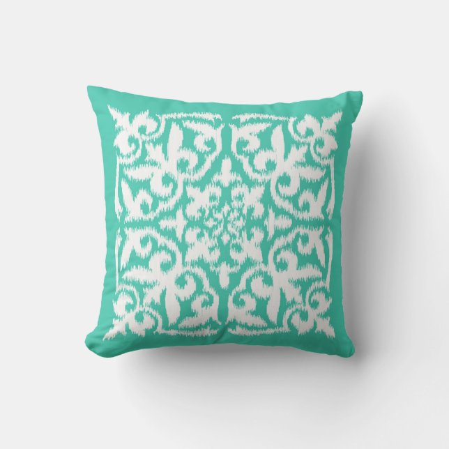 Ikat damask pattern - peacock blue and white cushion (Front)