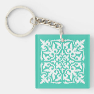 Ikat damask pattern - peacock blue and white key ring