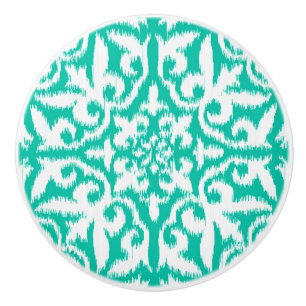 Ikat damask pattern - peacock / turquoise & white ceramic knob