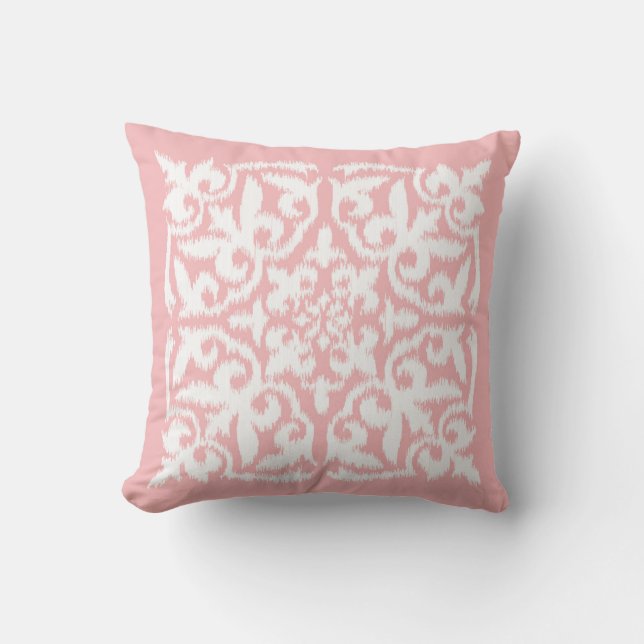 Ikat damask pattern - shell pink and white cushion (Front)