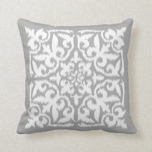Ikat damask pattern - silver grey and white cushion