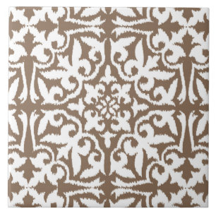Ikat damask pattern - Taupe Tan and White Ceramic Tile