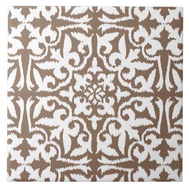 Ikat damask pattern - Taupe Tan and White Ceramic Tile (Front)