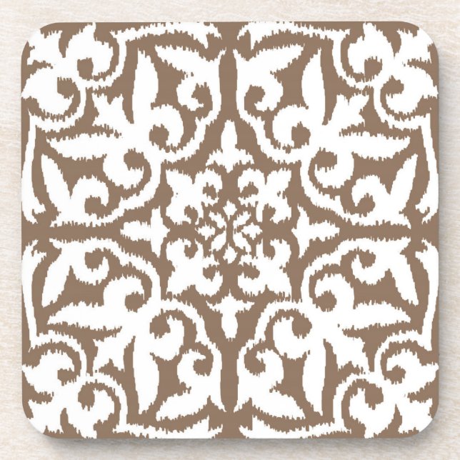 Ikat damask pattern - Taupe Tan and White Coaster (Front)