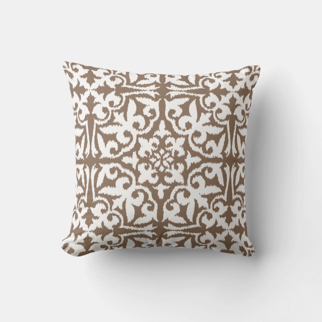 Ikat damask pattern - Taupe Tan and White Cushion (Front)
