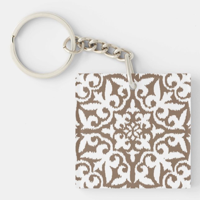 Ikat damask pattern - Taupe Tan and White Key Ring (Front)