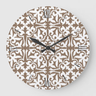 Ikat damask pattern - Taupe Tan and White Large Clock