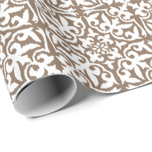 Ikat damask pattern - Taupe Tan and White Wrapping Paper