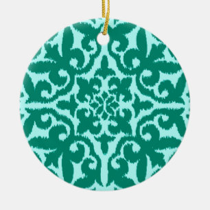 Ikat damask pattern - Turquoise and Aqua Ceramic Ornament