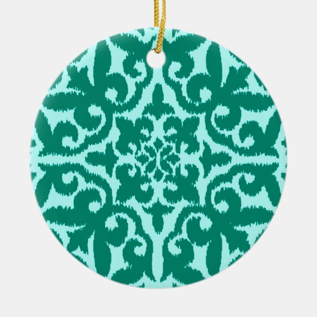 Ikat damask pattern - Turquoise and Aqua Ceramic Ornament (Front)