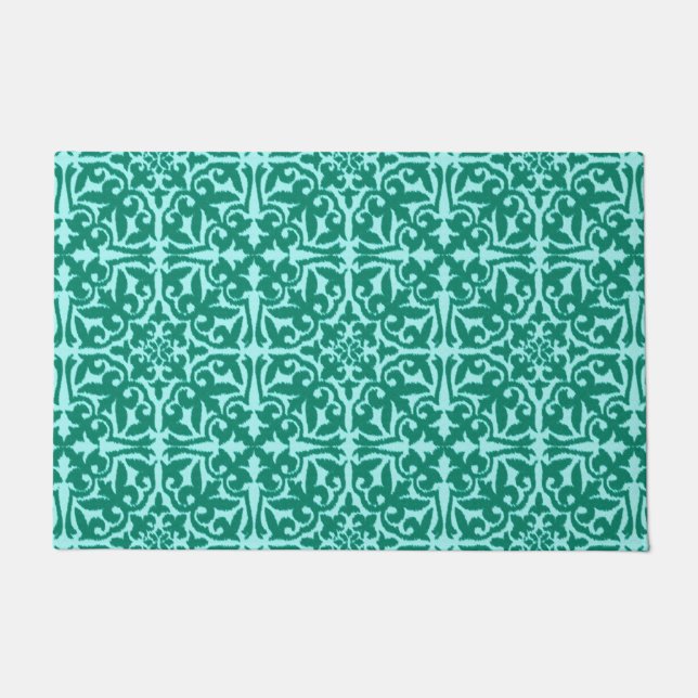 Ikat Damask Pattern, Turquoise and Aqua Doormat (Front)