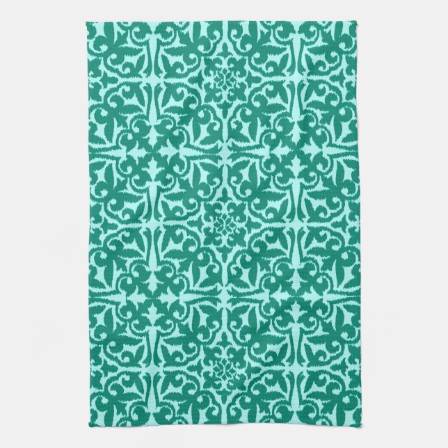 Ikat damask pattern - Turquoise and Aqua Tea Towel (Vertical)