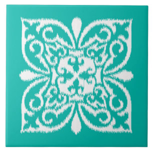 Ikat damask pattern - turquoise and white ceramic tile