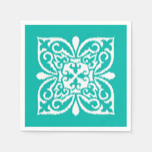 Ikat damask pattern - turquoise and white napkin
