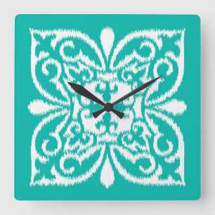 Ikat damask pattern - turquoise and white square wall clock