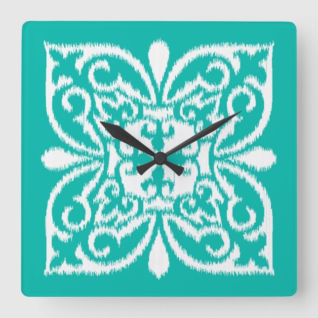 Ikat damask pattern - turquoise and white square wall clock (Front)