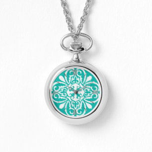 Ikat damask pattern - turquoise and white watch