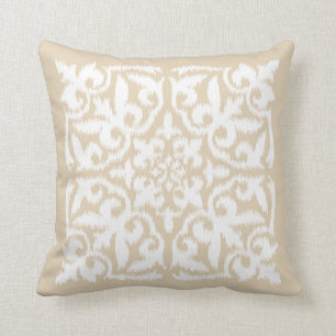 Ikat damask pattern - warm beige and white cushion