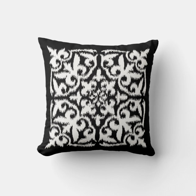 Ikat damask pattern - white and black cushion (Front)