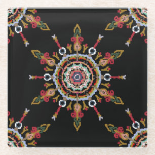 Ikat Damask Red Green Vintage Glass Coaster