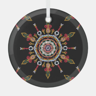 Ikat Damask Red Green Vintage Glass Tree Decoration