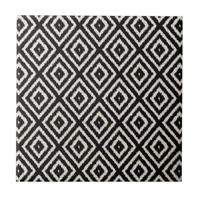 Ikat Diamond Pattern in Black and Cream Ceramic Tile (Front)