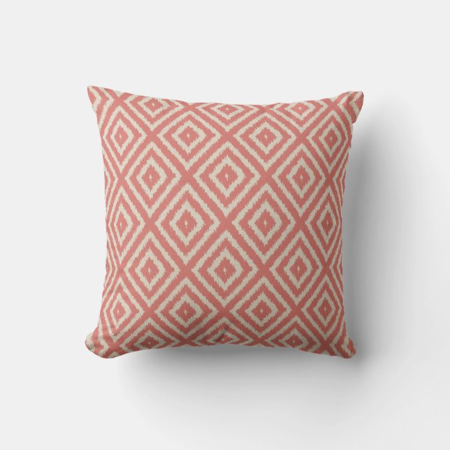 Ikat Diamond Pattern in Coral Pink and Cream Cushion (Front)