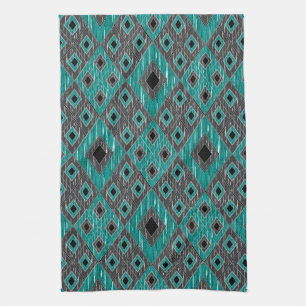 Ikat Diamond Pattern - Teal Black Tea Towel
