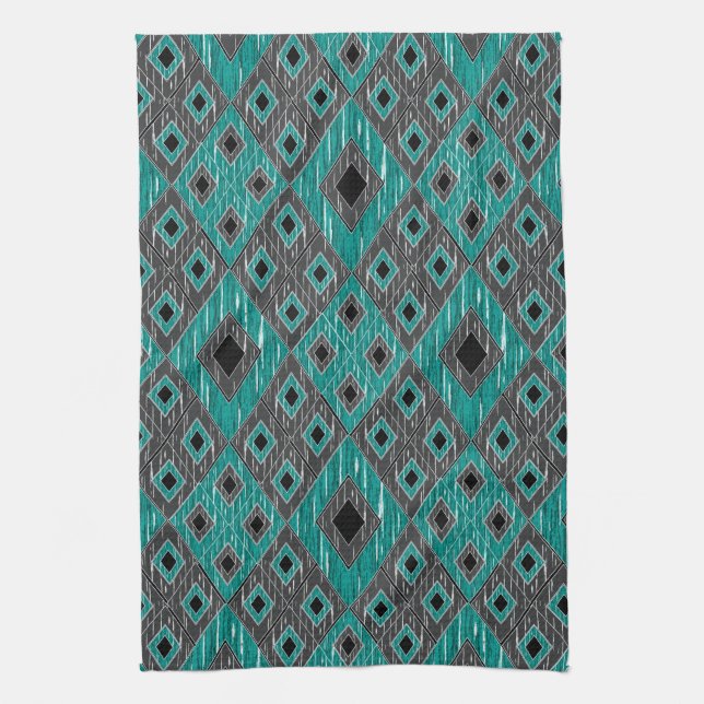 Ikat Diamond Pattern - Teal Black Tea Towel (Vertical)