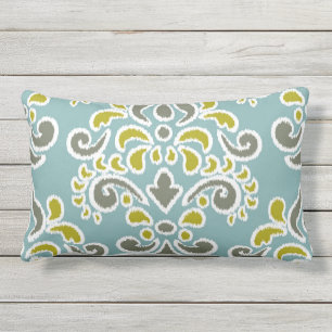 Ikat Floral Damask Aqua Chatreuse Olive Outdoor Cushion