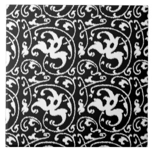 Ikat Floral Damask - Black and White Ceramic Tile