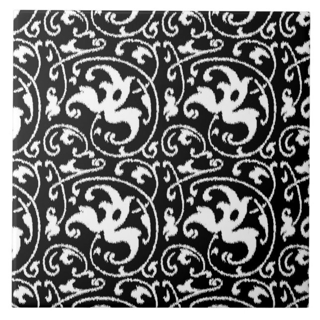 Ikat Floral Damask - Black and White Ceramic Tile (Front)