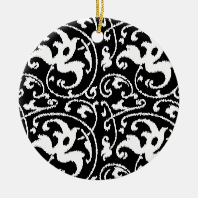 Ikat Floral Damask - Black and White Ceramic Tree Decoration (Front)