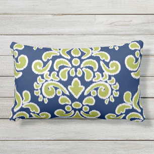 Ikat Floral Damask Blue and Chatreuse Outdoor Cushion