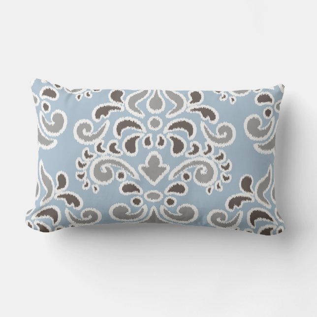 Ikat Floral Damask Blue Brown Grey Lumbar Cushion (Front)