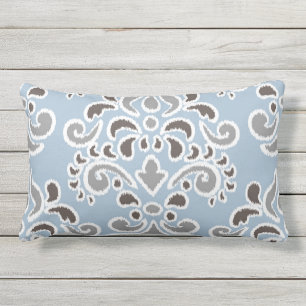 Ikat Floral Damask Blue Brown Grey Lumbar Cushion