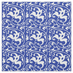 Ikat Floral Damask - Cobalt Blue and White Fabric