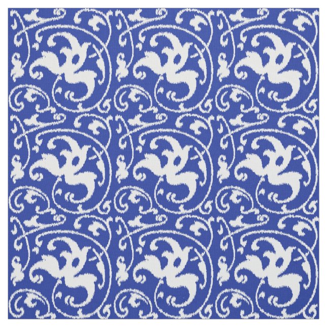 Ikat Floral Damask - Cobalt Blue and White Fabric (Swatch)