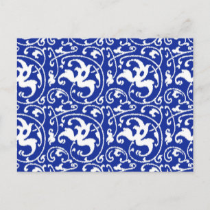 Ikat Floral Damask - Cobalt Blue and White Postcard