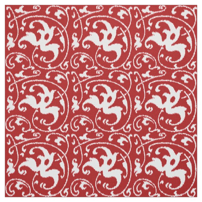 Ikat Floral Damask - Dark Red and White Fabric (Swatch)