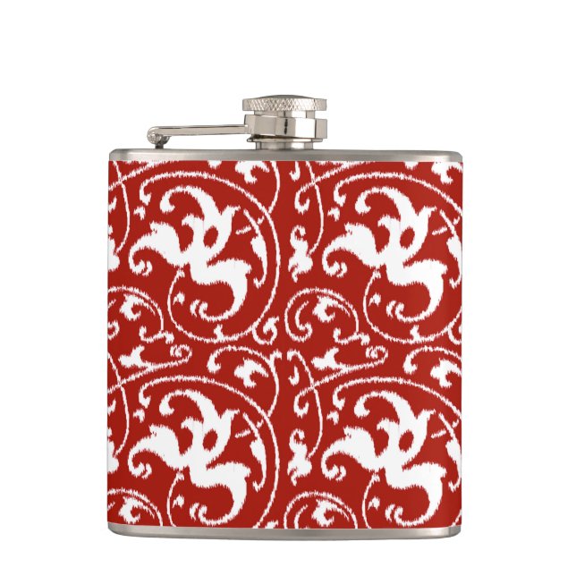 Ikat Floral Damask - Dark Red and White Hip Flask (Front)