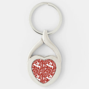 Ikat Floral Damask - Dark Red and White Key Ring