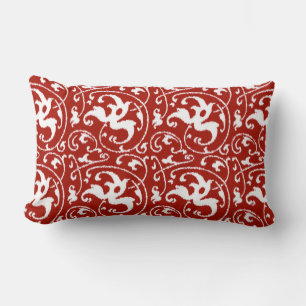 Ikat Floral Damask - Dark Red and White Lumbar Cushion