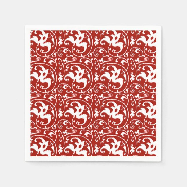 Ikat Floral Damask - Dark Red and White Napkin (Front)
