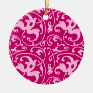 Ikat Floral Damask - Fuchsia and Pale Pink Ceramic Ornament